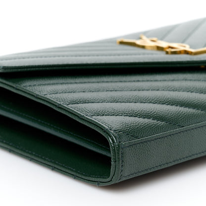 Saint Laurent Grain De Poudre Matelasse Chevron Monogram Chain Wallet Dark Green 8 of 10