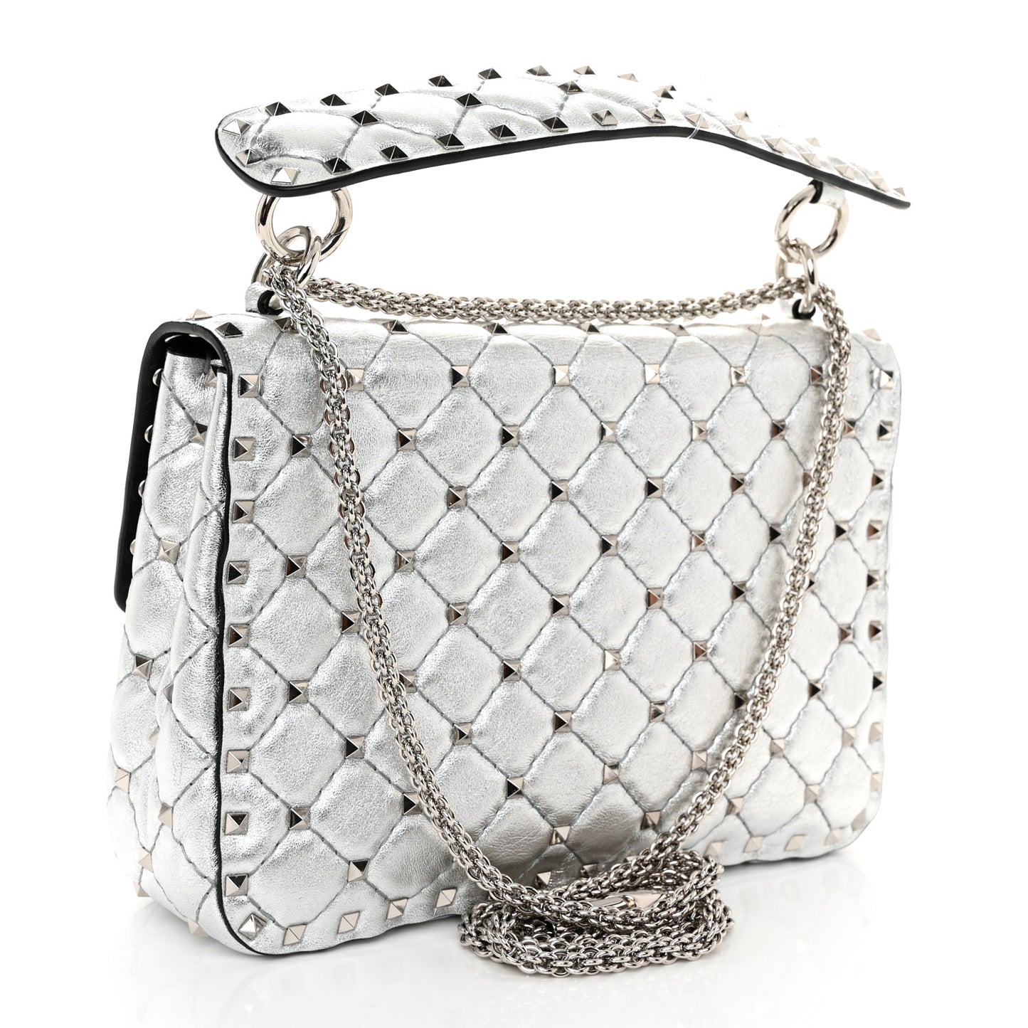 Metallic Nappa Medium Rockstud Spike Shoulder Bag Silver