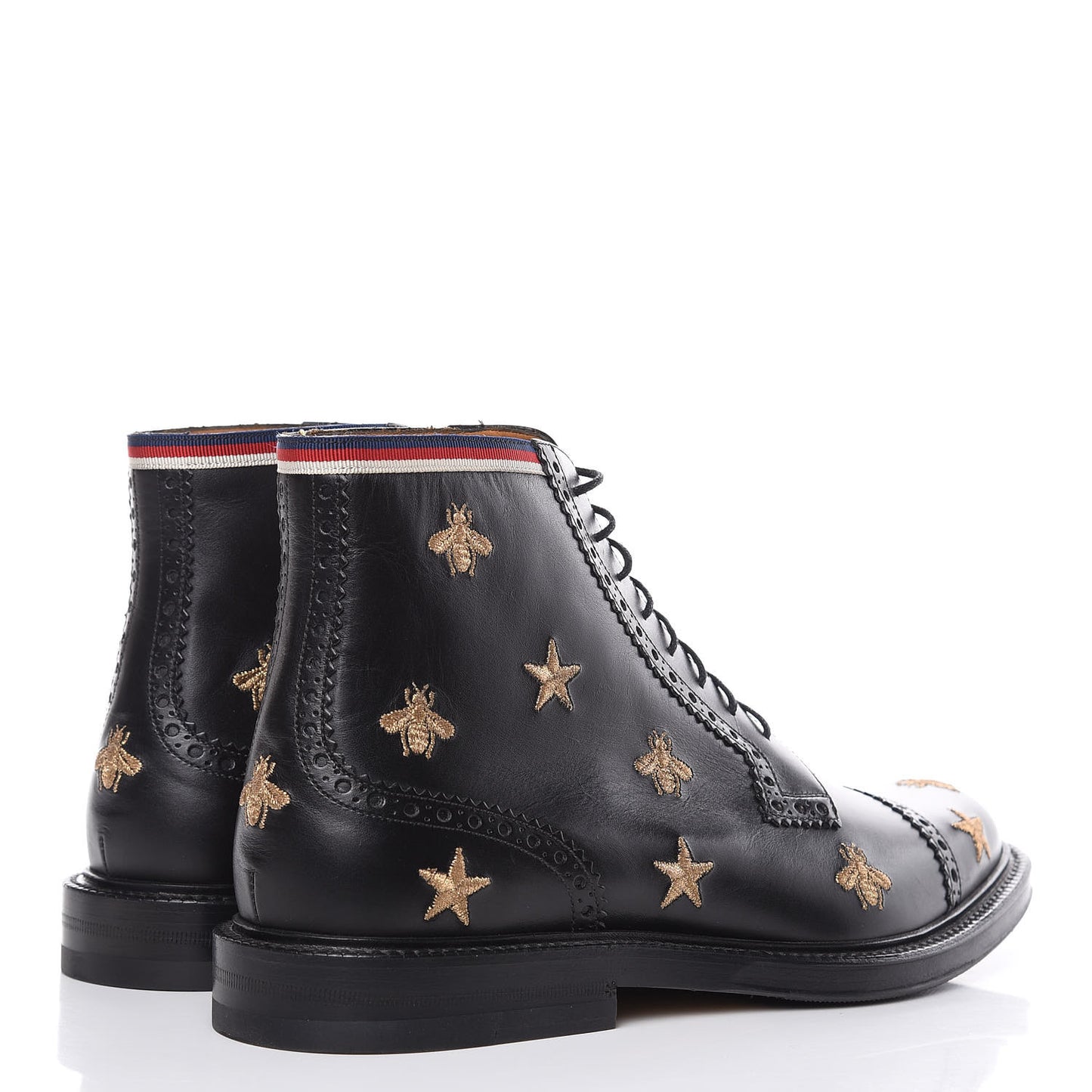 Calfskin Sylvie Web Bee Star Embroidered Mens Brogue Captoe Boots 7 Black