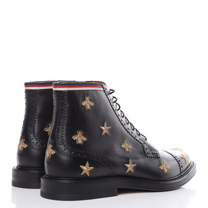 Gucci Calfskin Sylvie Web Bee Star Embroidered Mens Brogue Captoe Boots 7 Black 4 of 8