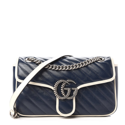Gucci Vintage Effect Calfskin Matelasse Diagonal Small Torchon GG Marmont Shoulder Bag Blue Agata Mystic White 1 of 11
