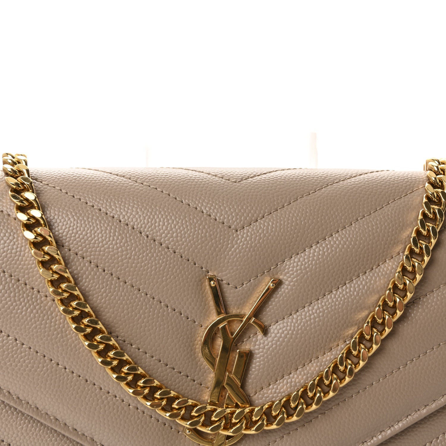 Saint Laurent Grain De Poudre Matelasse Chevron Monogram Chain Wallet Dark Beige 7 of 10