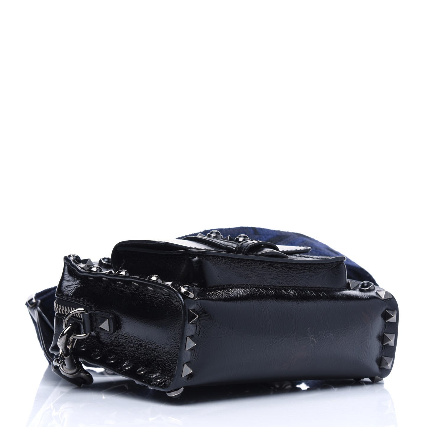 Craquele Calfskin Small Guitar Strap Rockstud Rolling Flap Pocket Shoulder Bag Black