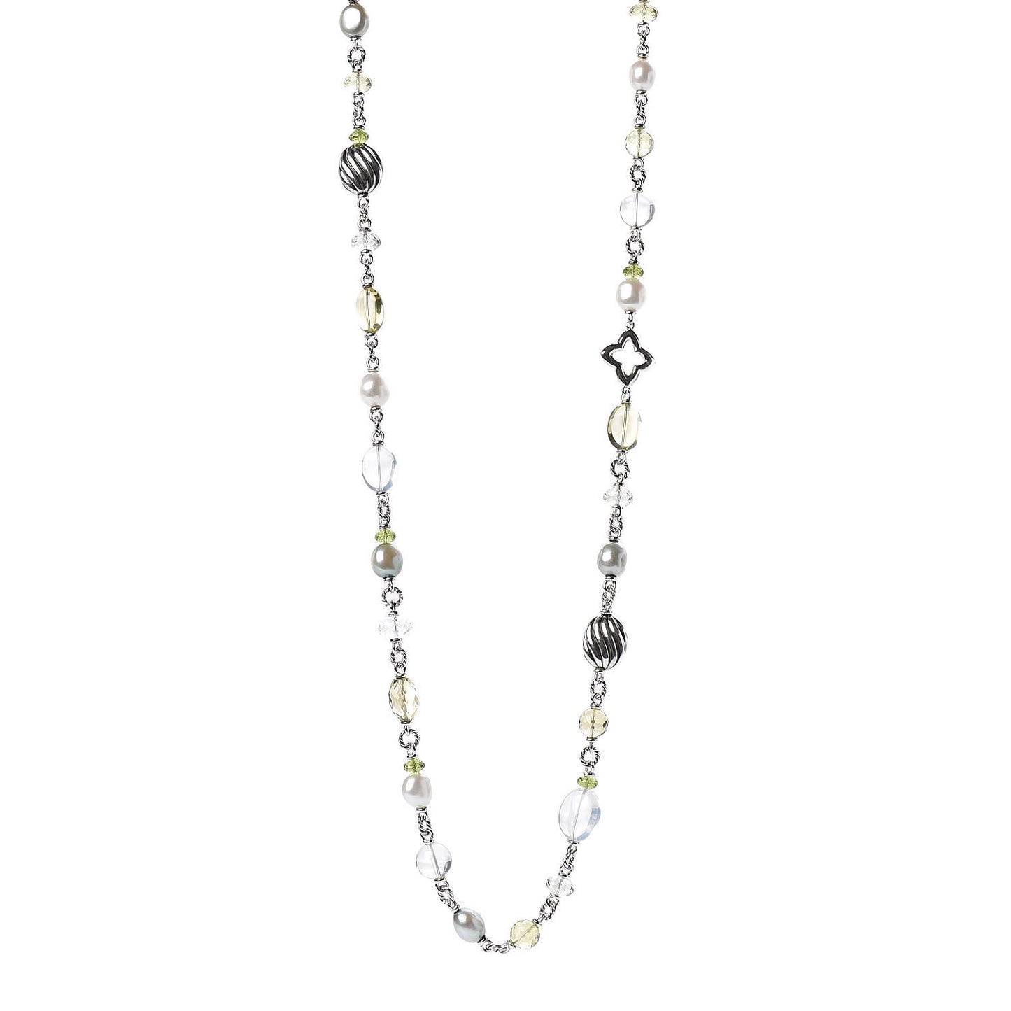 Sterling Silver Pearl Peridot Citrine Quartz Quatrefoil Chain Necklace