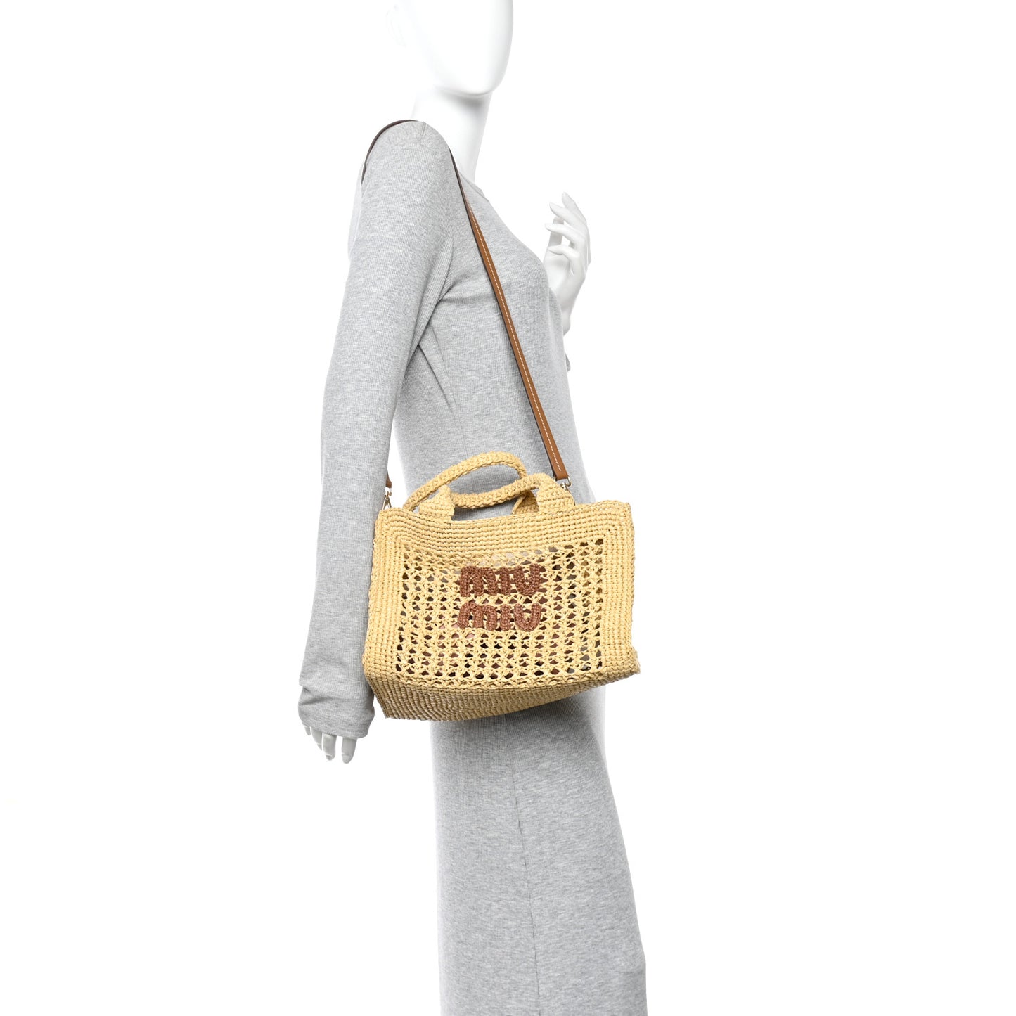 Raffia Crochet Woven Tote Bag Beige