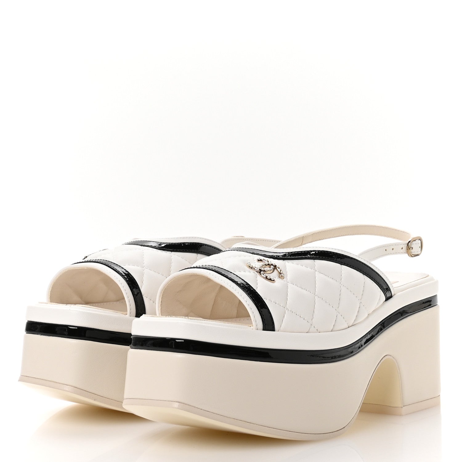 Chanel Lambskin Patent Quilted CC Platform Sandals 36 White Black 4 of 9