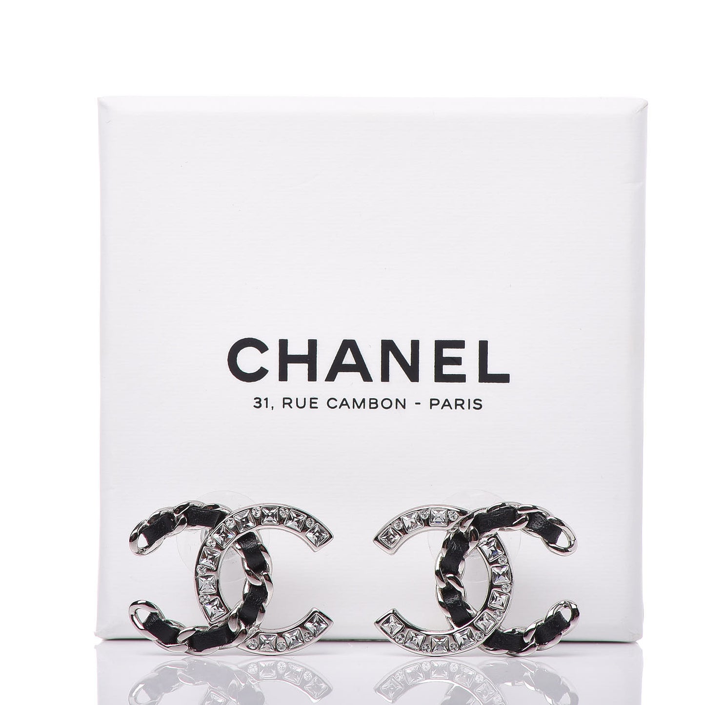Crystal Baguette Lambskin Large CC Earrings Silver Black