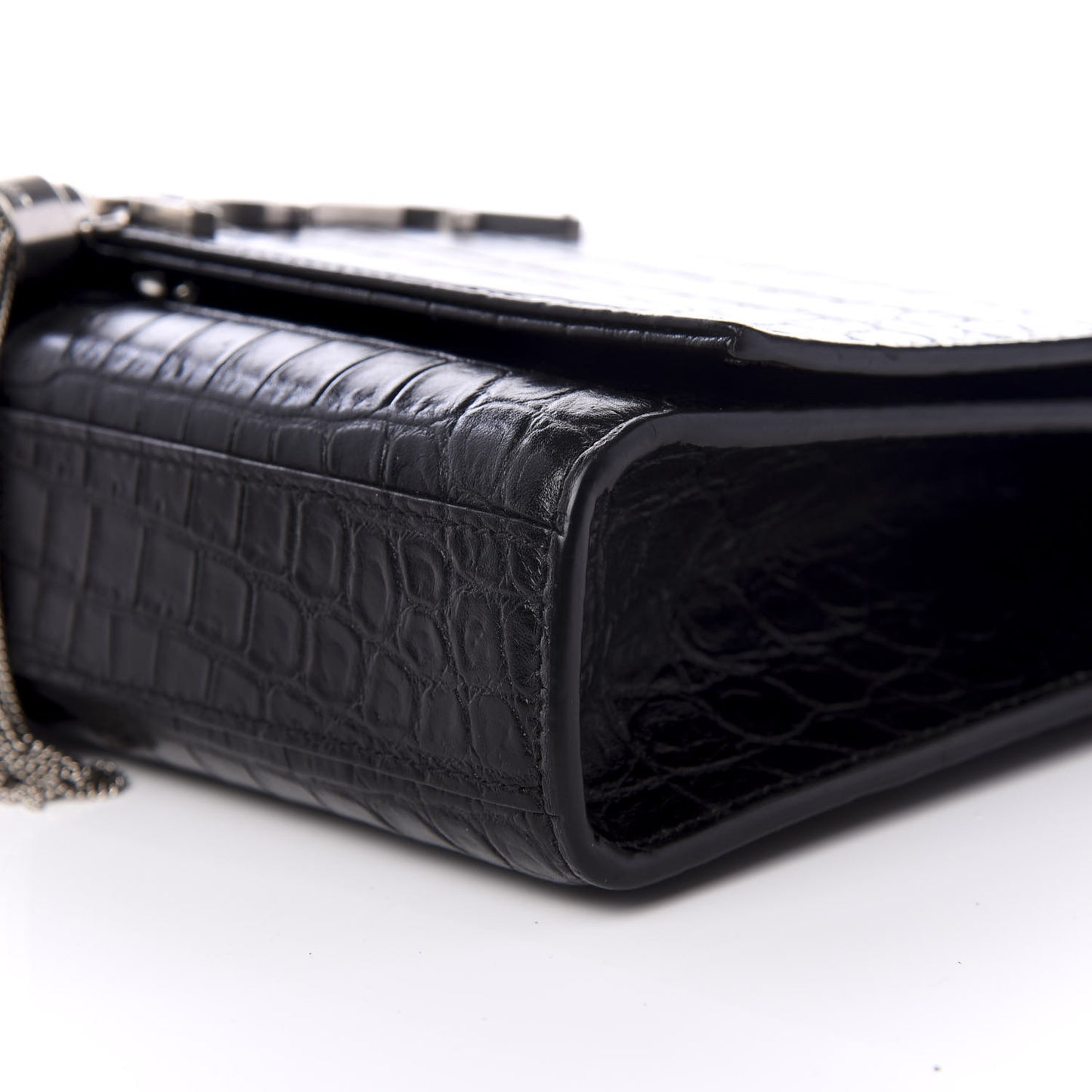 Calfskin Crocodile Embossed Medium Classic Monogram Kate Tassel Satchel Black