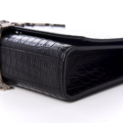 Saint Laurent Calfskin Crocodile Embossed Medium Classic Monogram Kate Tassel Satchel Black 7 of 8