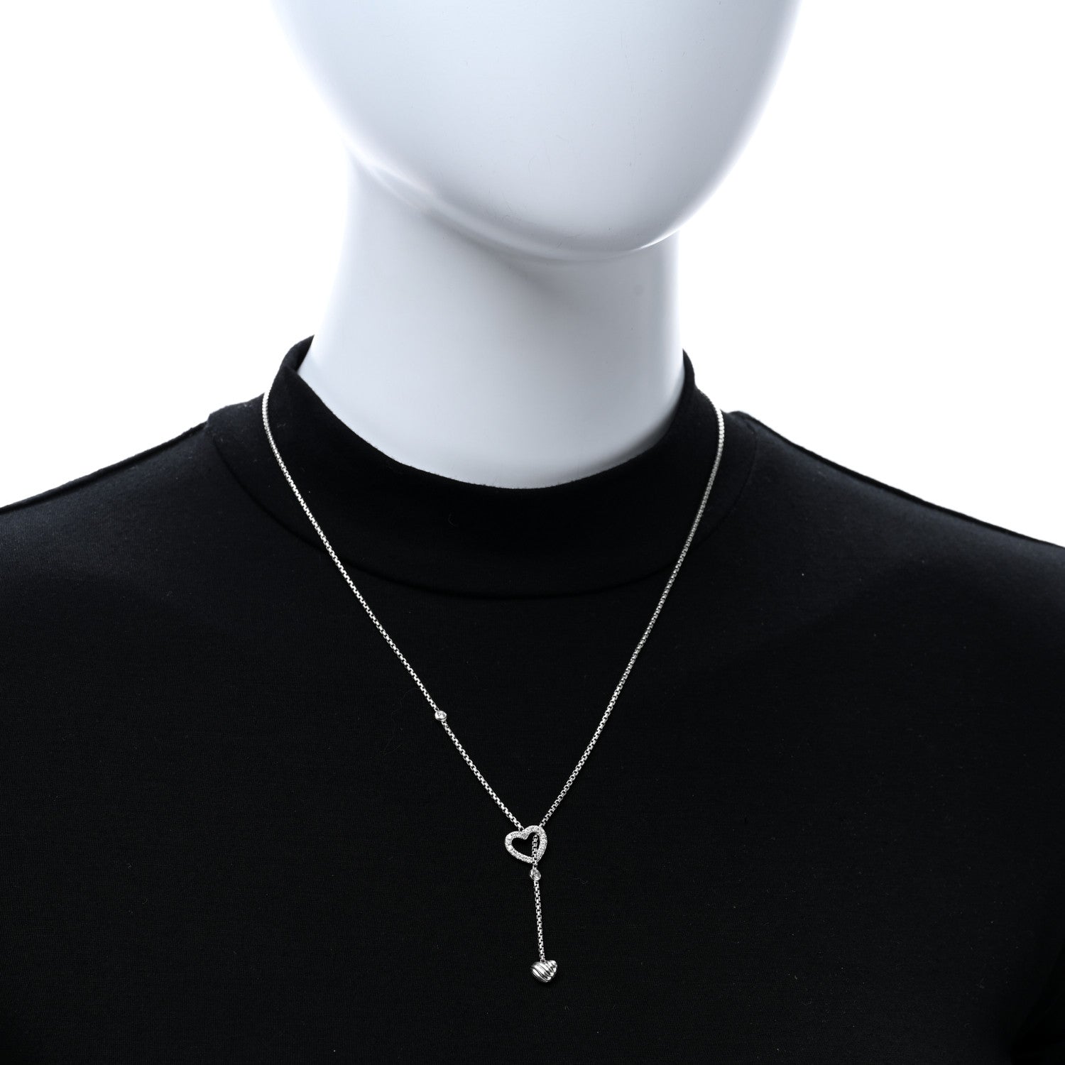 David Yurman Sterling Silver Diamond Cable Heart Lariat Necklace 3 of 4