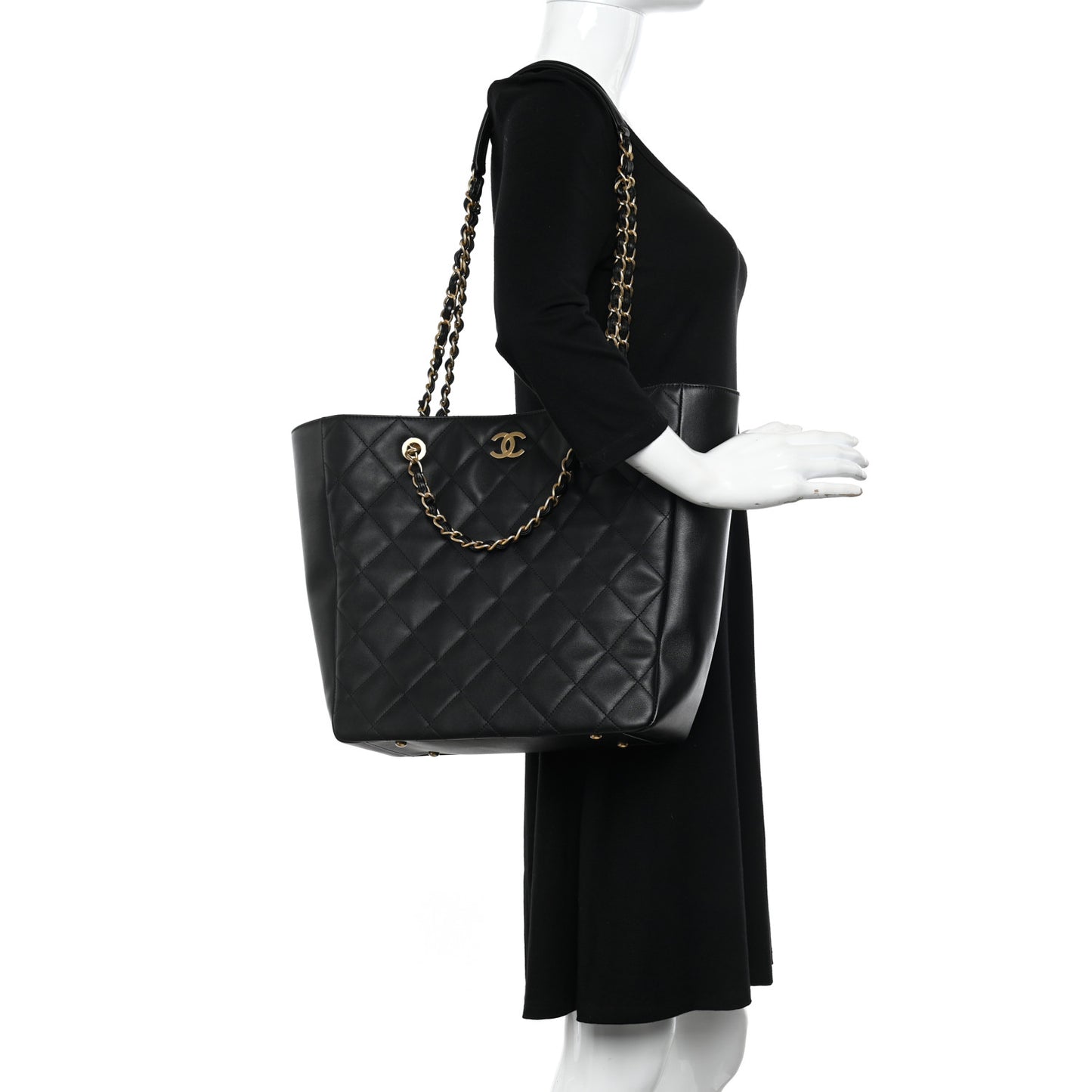 Calfskin Stitched Large Shopping Bag Black