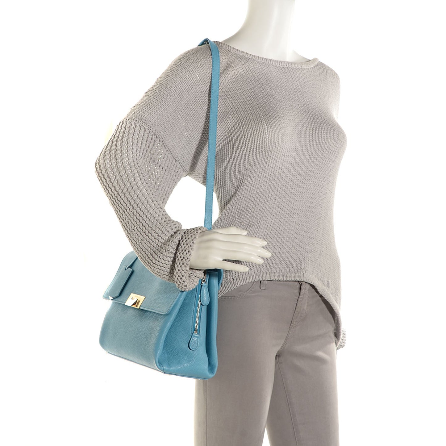 Grained Calfskin Le Dix Small Soft Cartable Bleu Azur