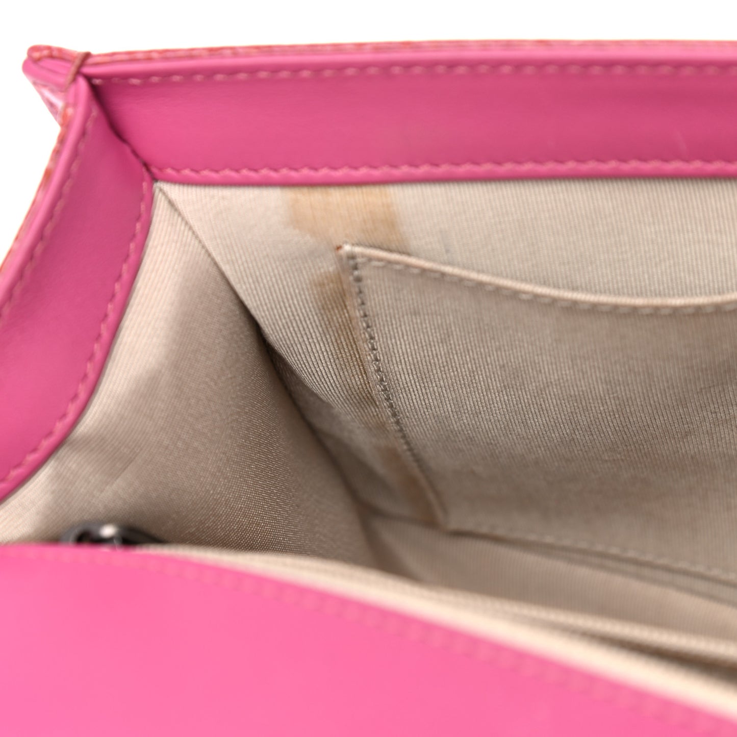 Distressed Patent Calfskin Quilted New Medium Boy Flap Pink
