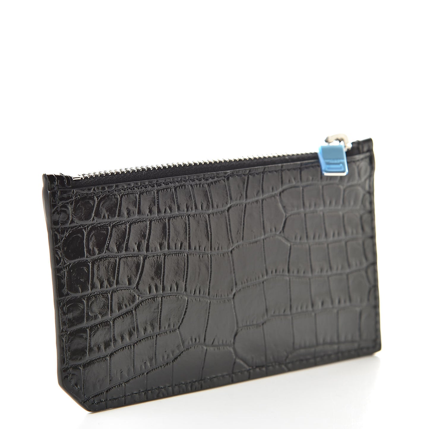 Calfskin Crocodile Embossed 5 Fragments Zip Pouch Card Holder Black