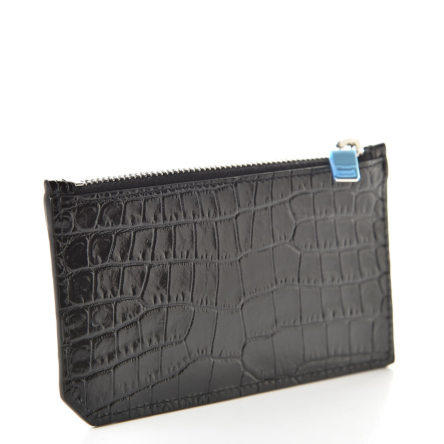 Saint Laurent Calfskin Crocodile Embossed 5 Fragments Zip Pouch Card Holder Black 3 of 8