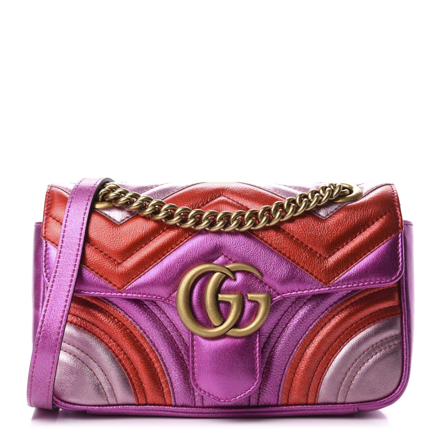 Gucci Metallic Calfskin Matelasse Mini GG Marmont Shoulder Bag Fuchsia 1 of 10