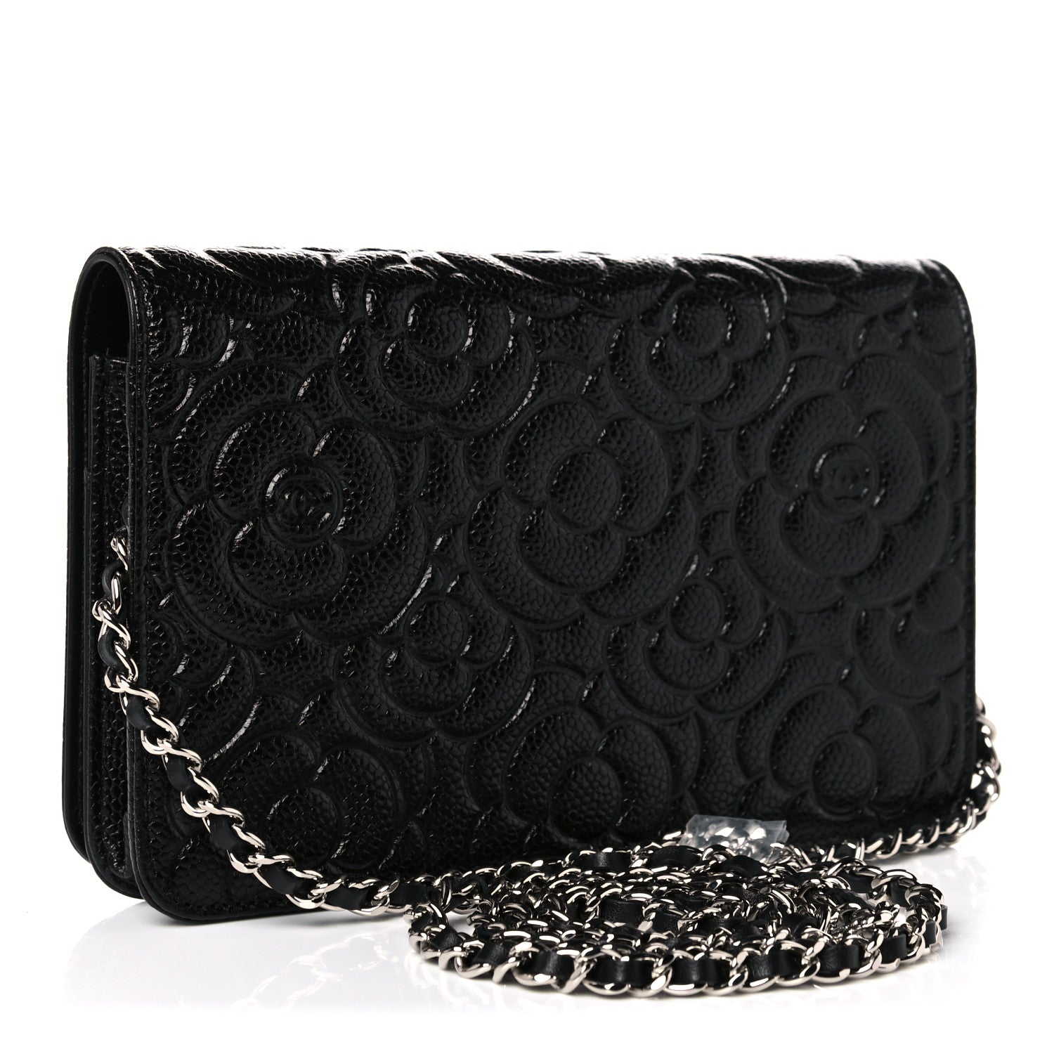 Chanel Caviar Camellia Embossed Wallet On Chain WOC Black 2 of 10
