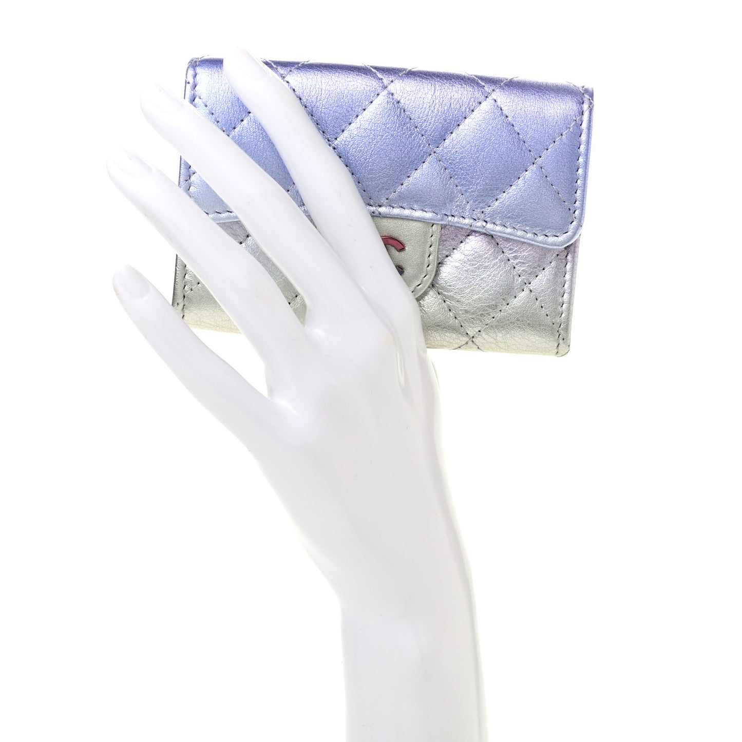 Gradient Metallic Calfskin Quilted Flap Card Holder Wallet Silver Blue Yellow Purple