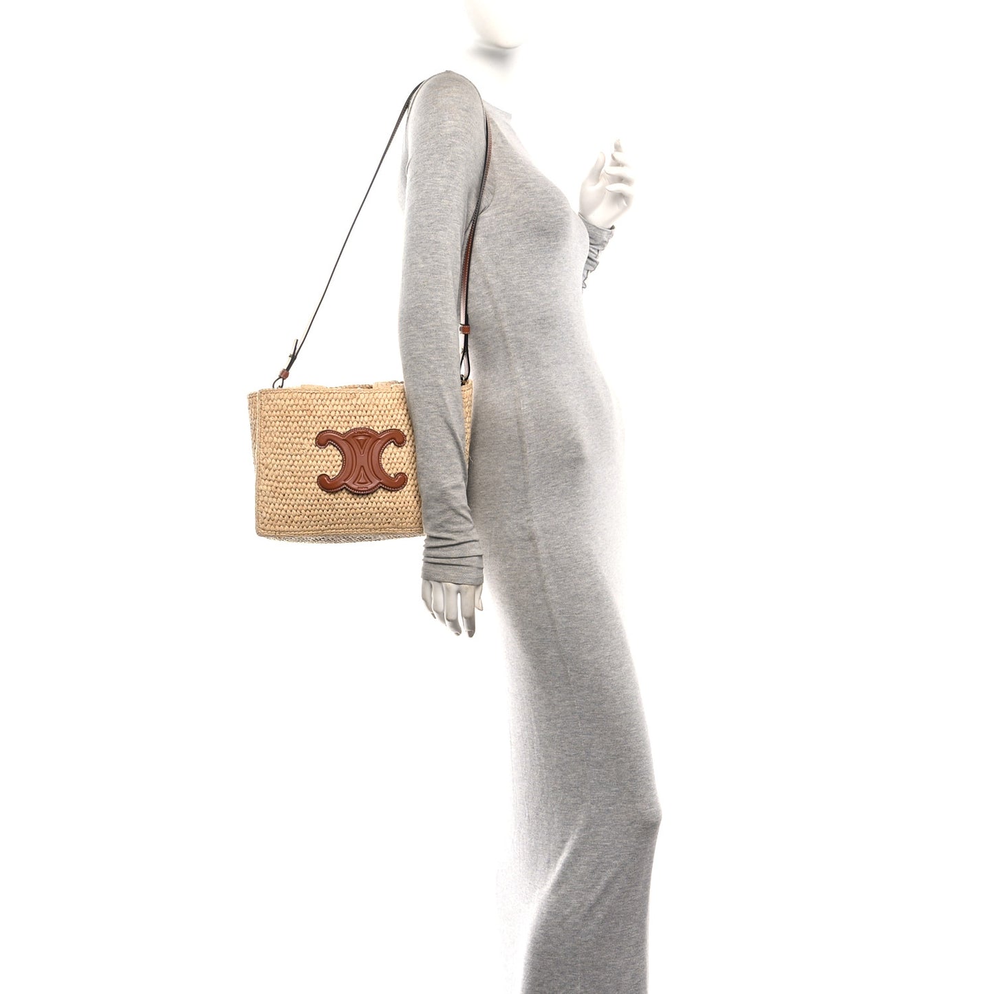 Raffia Calfskin Triomphe Small Cabas Thais Tan
