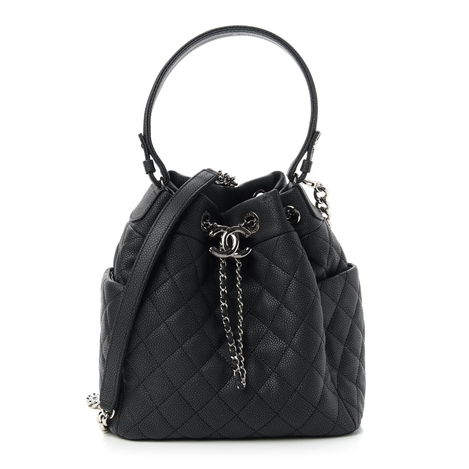 Chanel Caviar Flat Quilted CC Chain Bucket Drawstring Bag Black 1 of 11