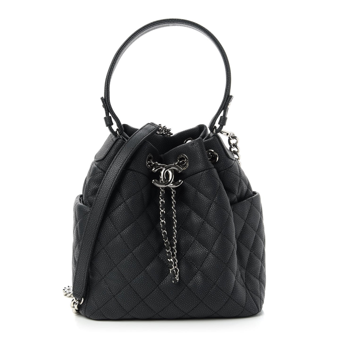 Caviar Flat Quilted CC Chain Bucket Drawstring Bag Black