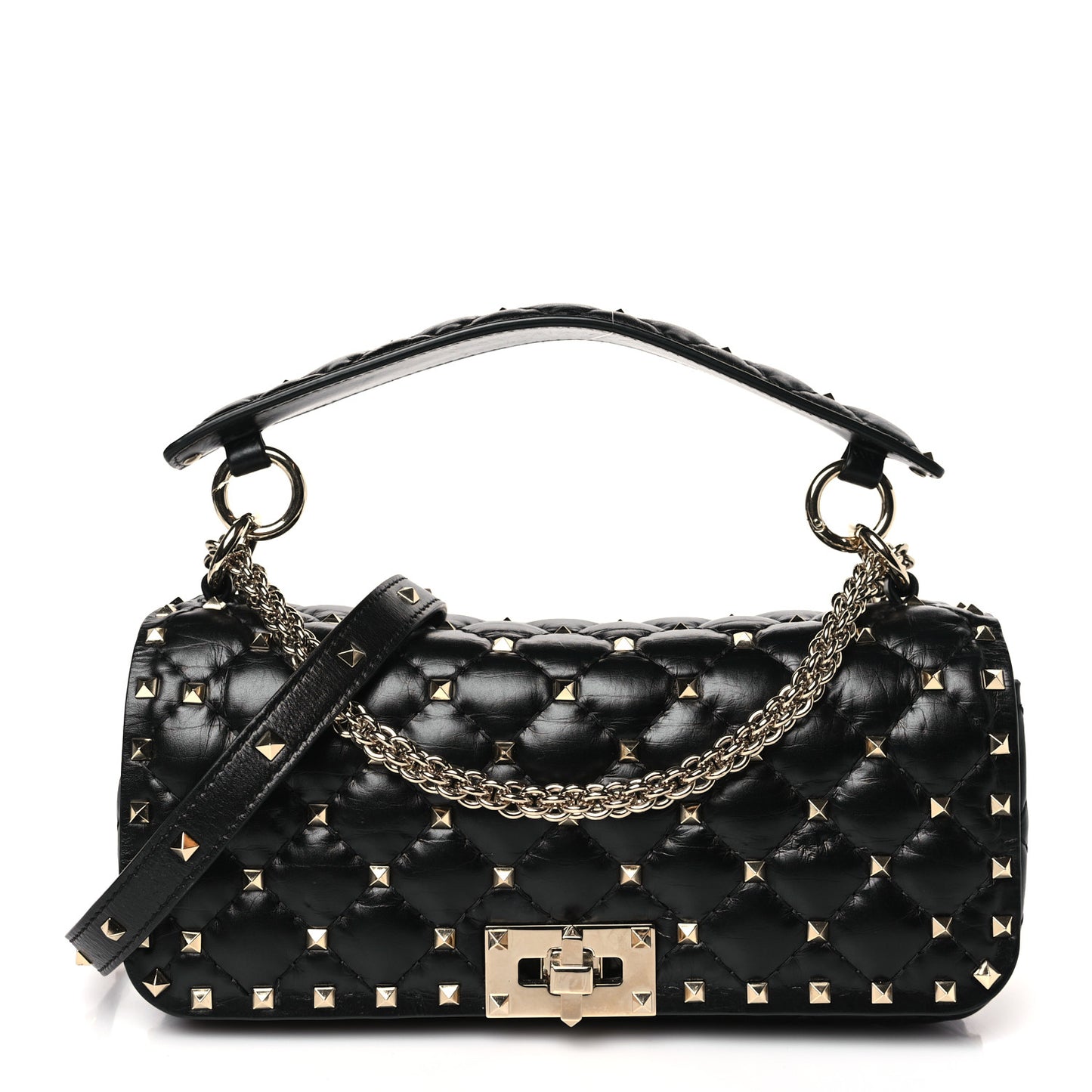 Calfskin Rockstud Spike Convertible Shoulder Bag Black
