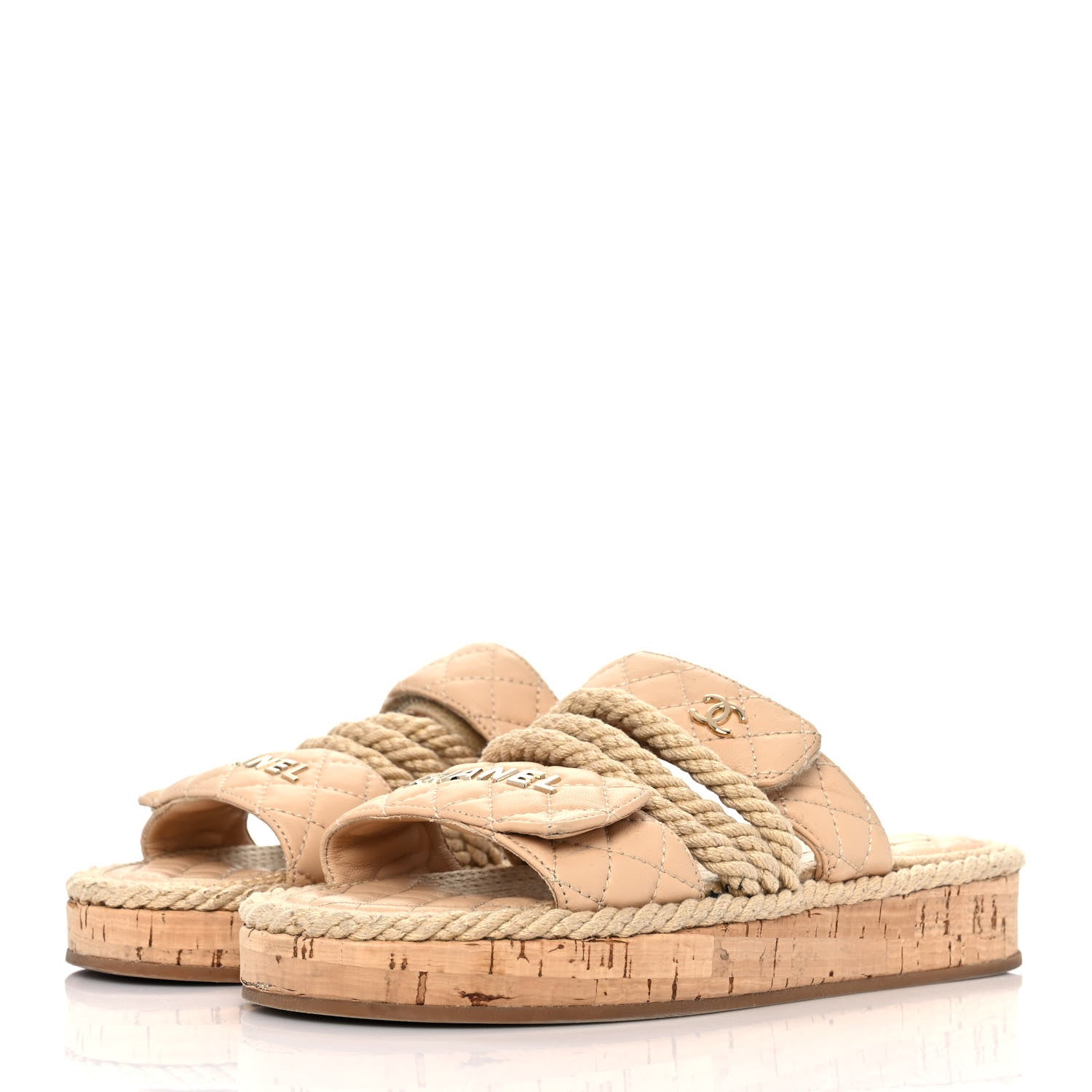 Chanel Cord Lambskin Quilted Logo Mules 37 Beige 3 of 8