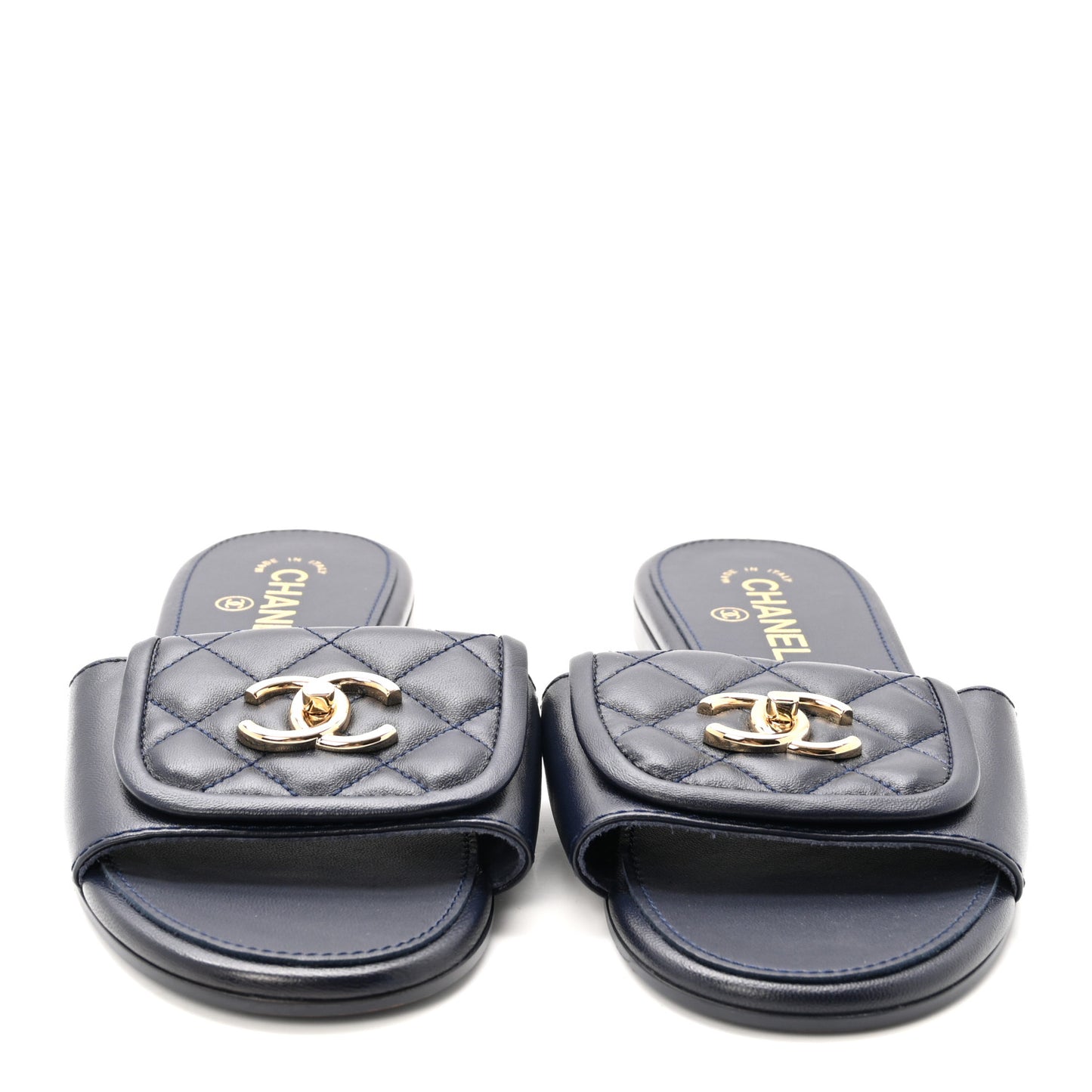Lambskin Quilted Turnlock Flat Mules 38.5 Navy
