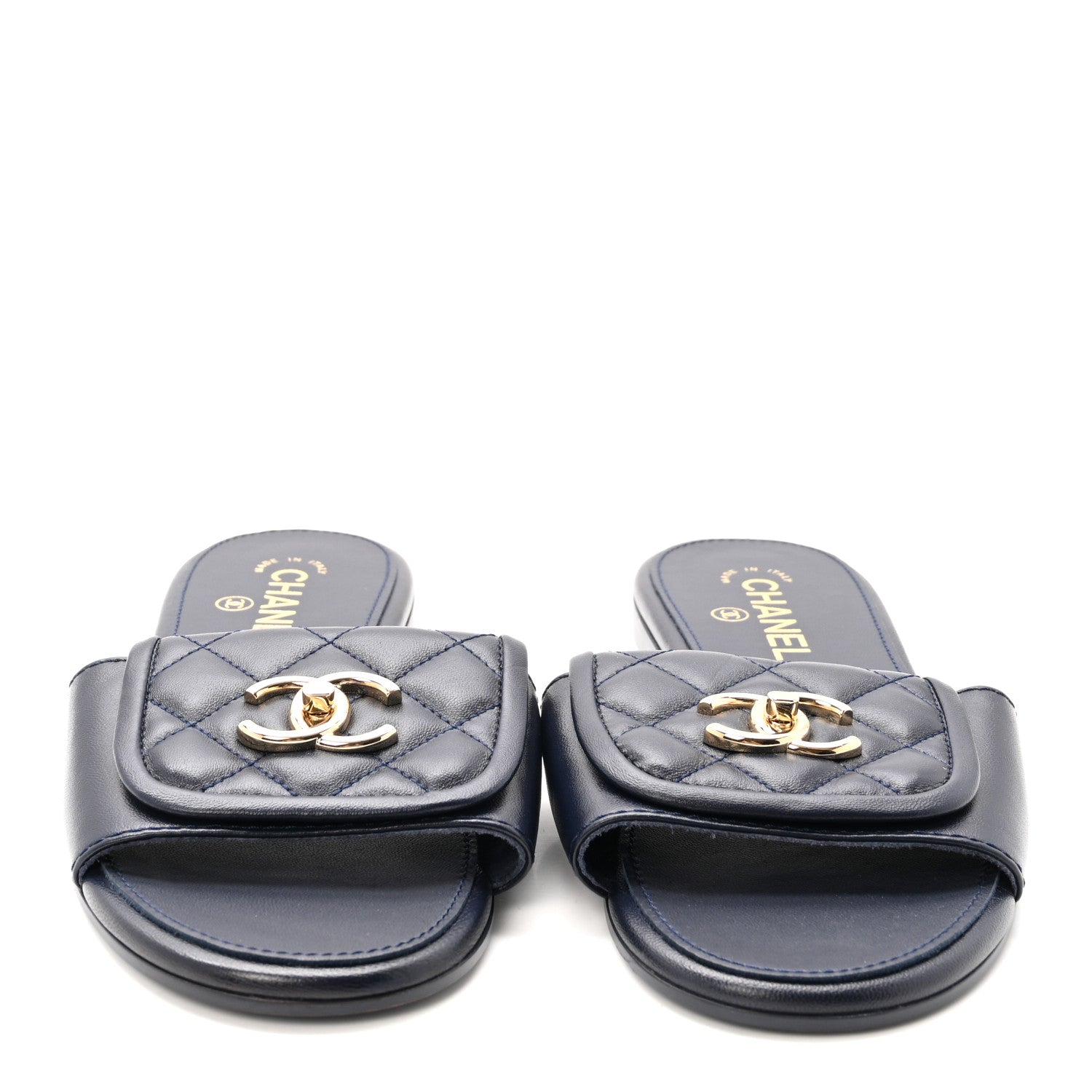 Chanel Lambskin Quilted Turnlock Flat Mules 38.5 Navy 3 of 9