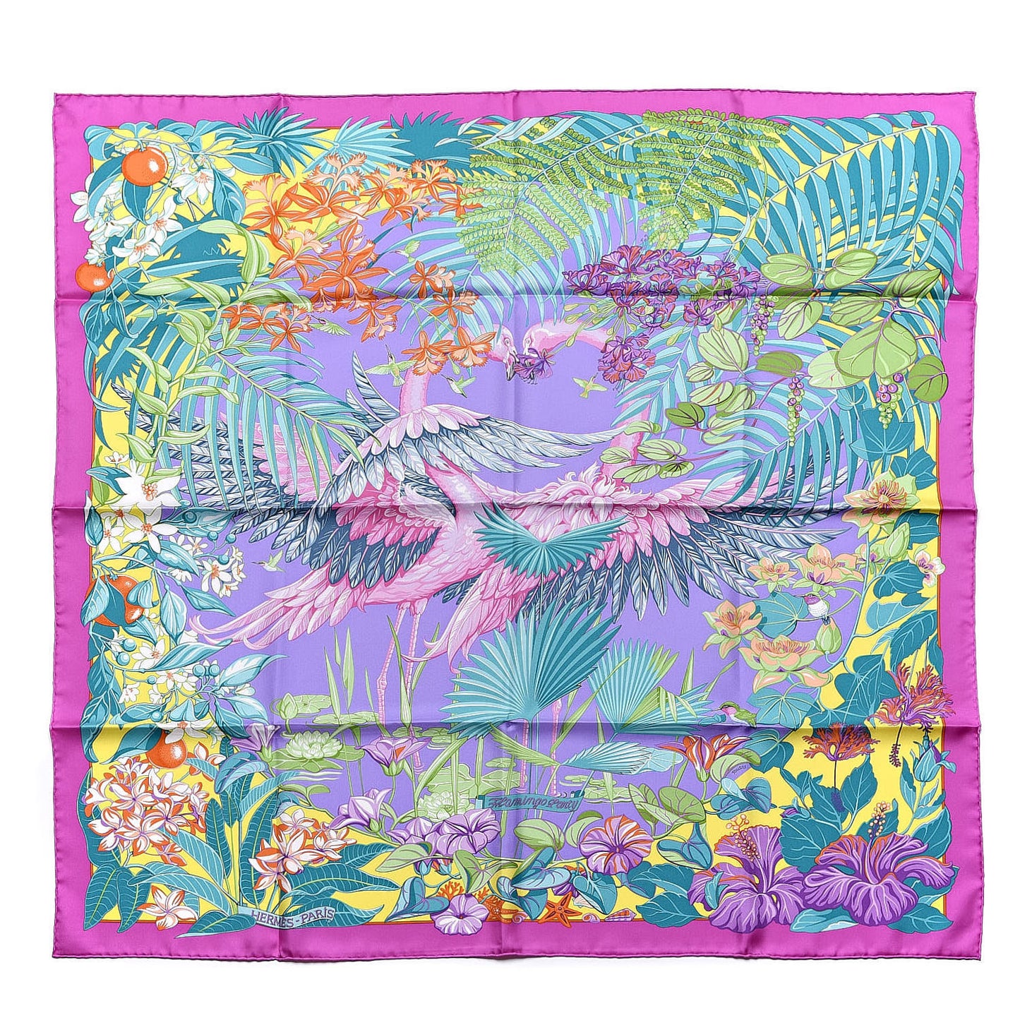 Silk Flamingo Party Scarf 90 Cyclamen Mauve Vert