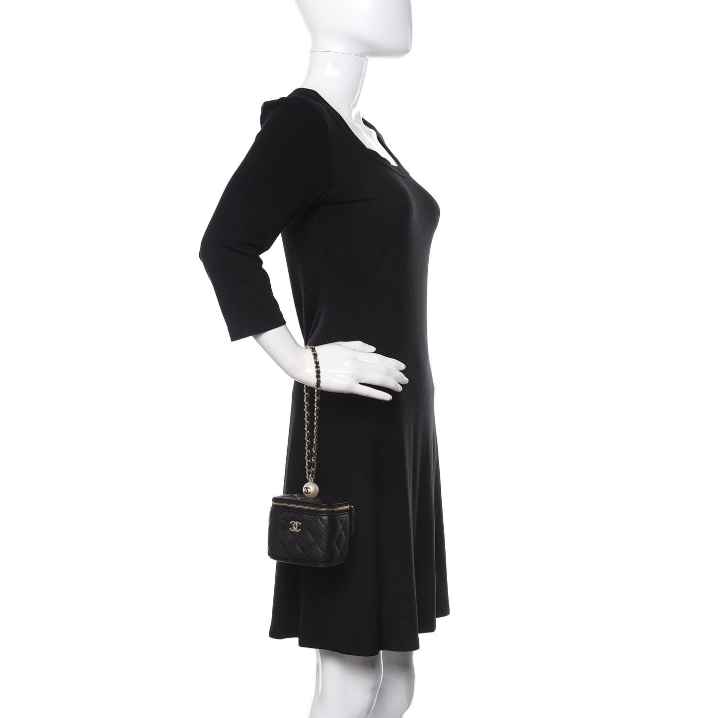 Caviar Quilted Mini Pearl On Top Vanity Case With Chain Black