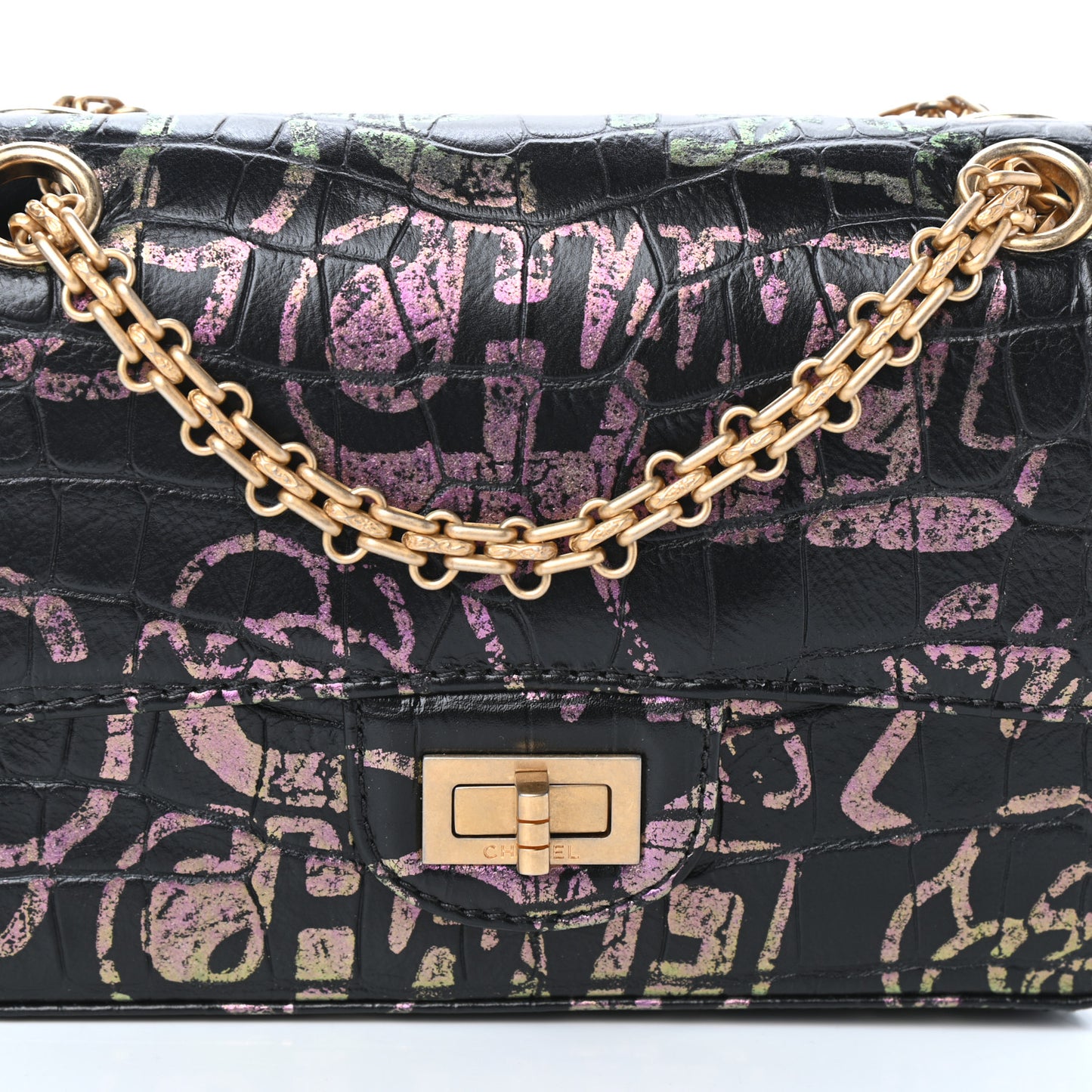Calfskin Crocodile Embossed Graffiti 2.55 Mini Cocodile Reissue Flap Black Pink