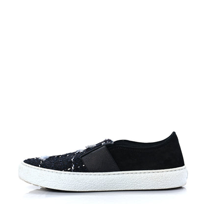 Chanel Suede Calfskin Tweed Womens Slip On Sneakers 36 Black Navy Silver 1 of 9