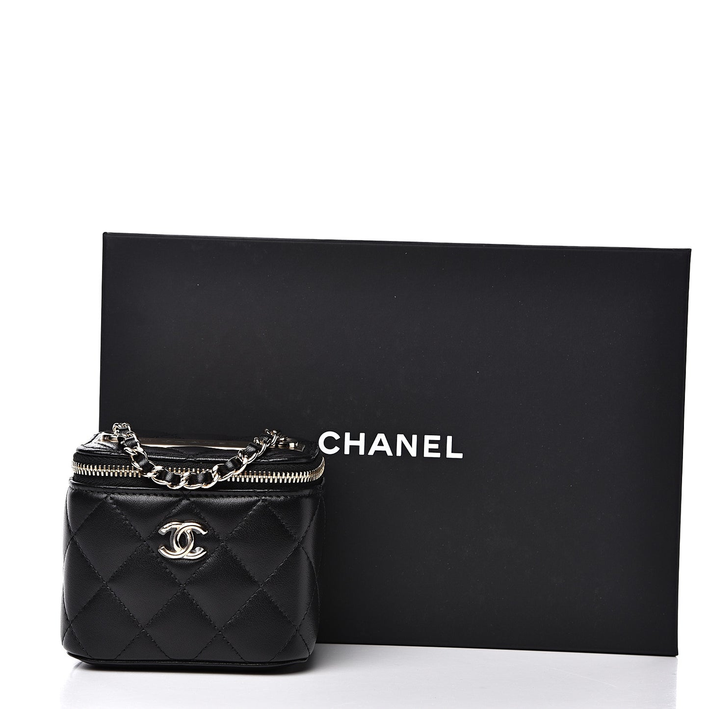 Lambskin Quilted Trendy Mini Vanity Case With Chain Black