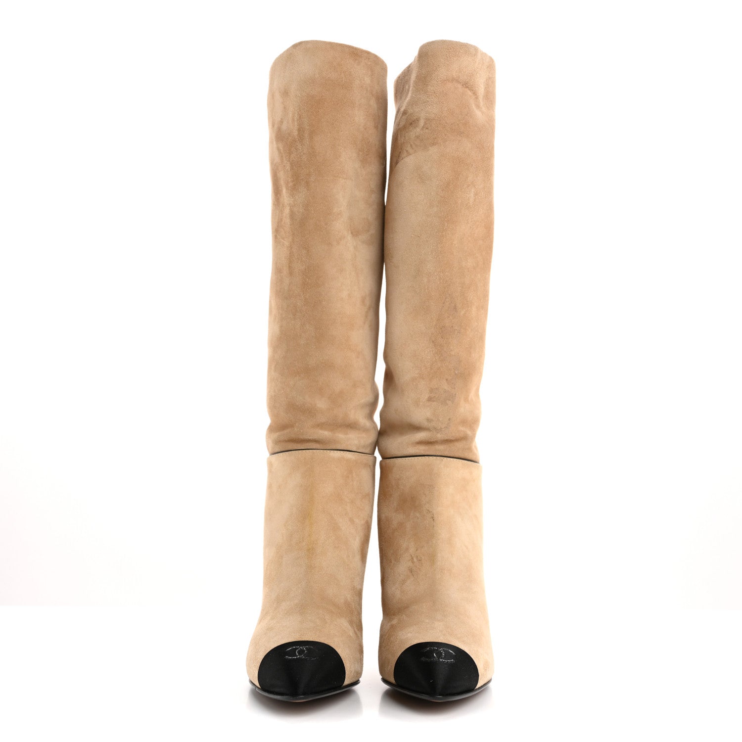 Chanel Suede Grosgrain Cap Toe CC Knee High Boots 37 Beige Black 2 of 11