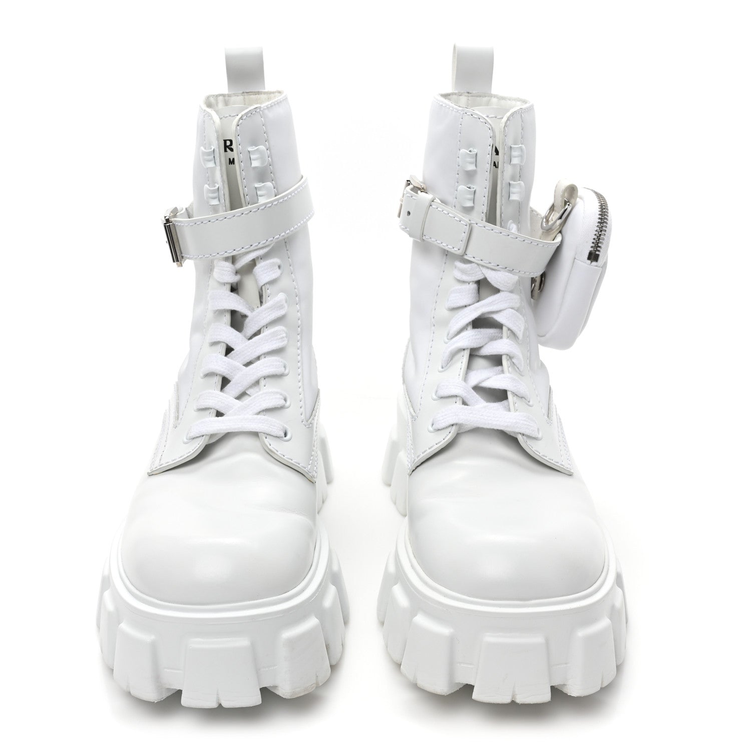 Prada Spazzolato Rois Re-Nylon Metal Triangle Logo Mens Monolith Pouch Pocket 60mm Combat Boots 7.5 White 2 of 10