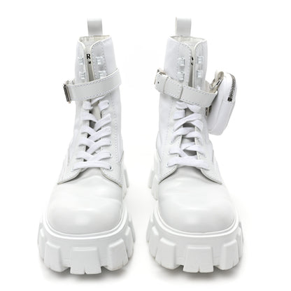 Prada Spazzolato Rois Re-Nylon Metal Triangle Logo Mens Monolith Pouch Pocket 60mm Combat Boots 7.5 White 2 of 10