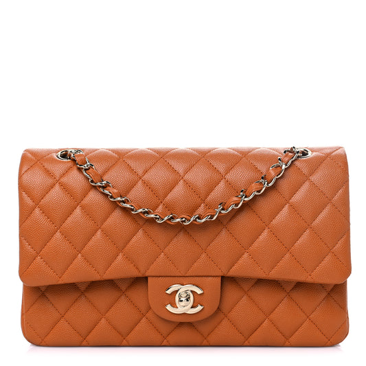 Caviar Quilted Medium Double Flap Light Brown