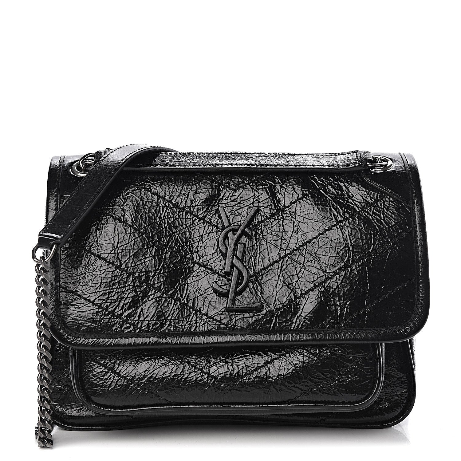 Saint Laurent Crinkled Calfskin Matelasse Monogram Baby Niki Chain Satchel Black 1 of 11