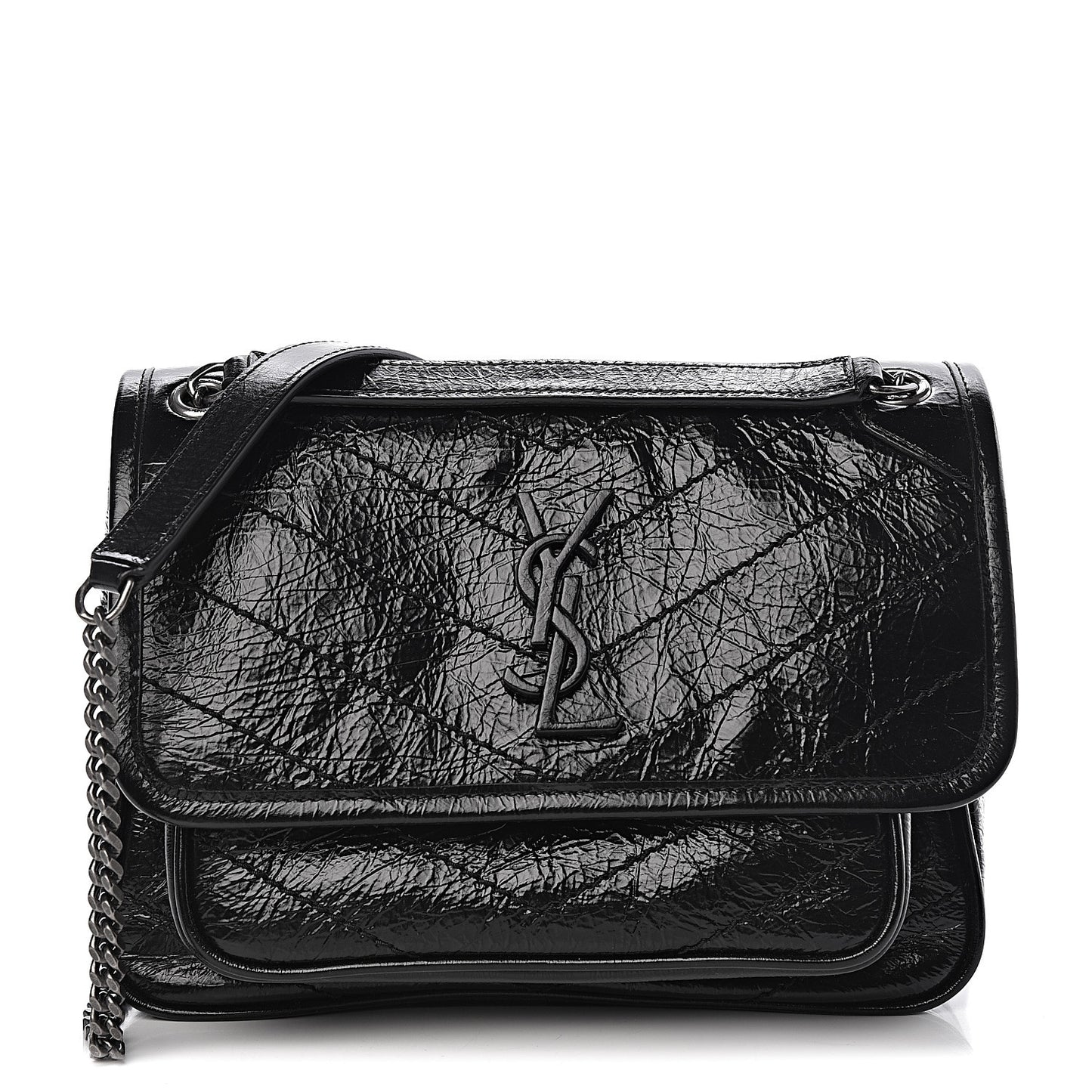 Crinkled Calfskin Matelasse Monogram Baby Niki Chain Satchel Black