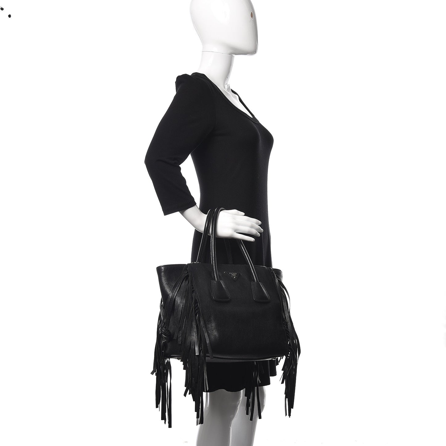 Glace Calf Twin Pocket Fringe Tote Black