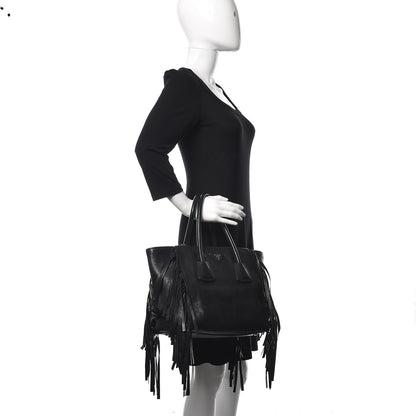 Prada Glace Calf Twin Pocket Fringe Tote Black 2 of 16
