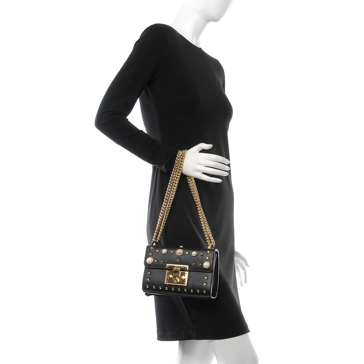 Calfskin Studded Small Padlock Shoulder Bag Black