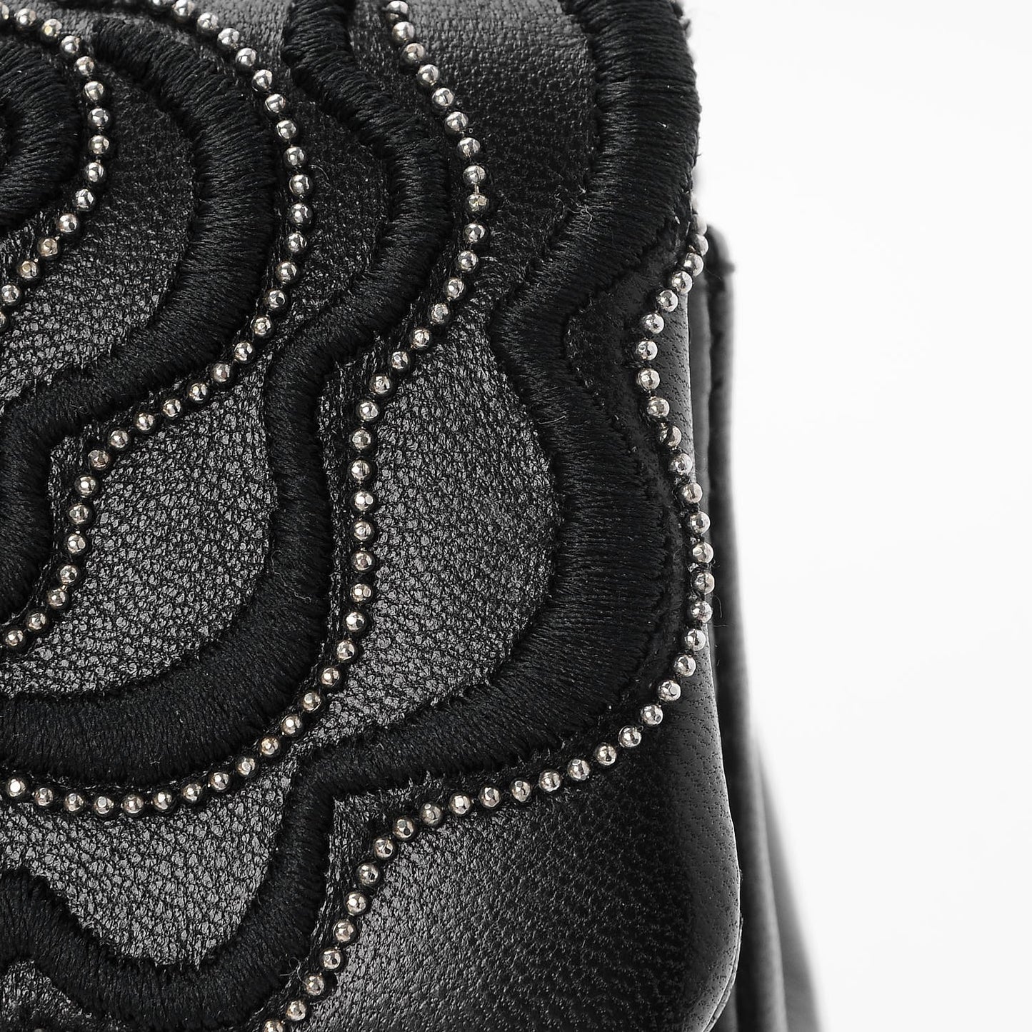 Lambskin Studded Camellia Embroidered Mini Rectangular Flap Black