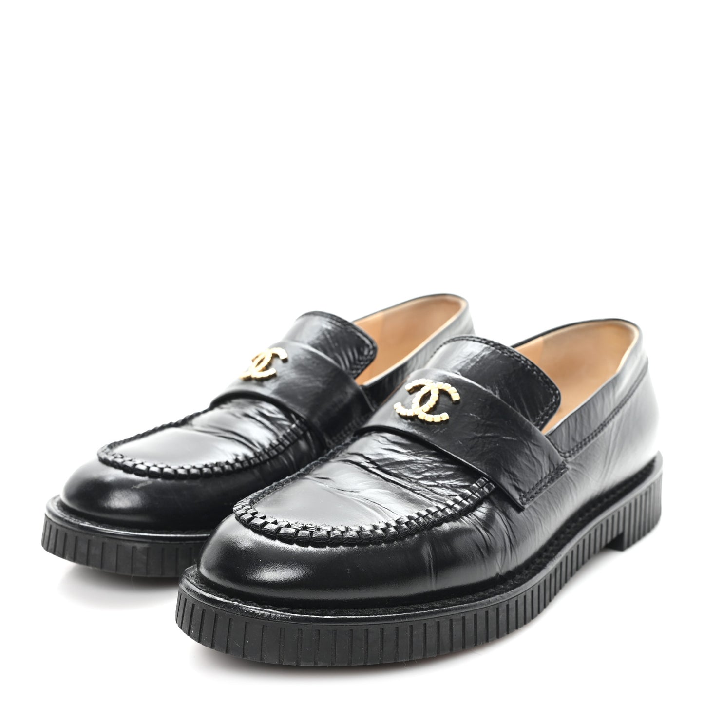 Shiny Crumpled Calfskin CC Mocassin Loafers 38.5 Black