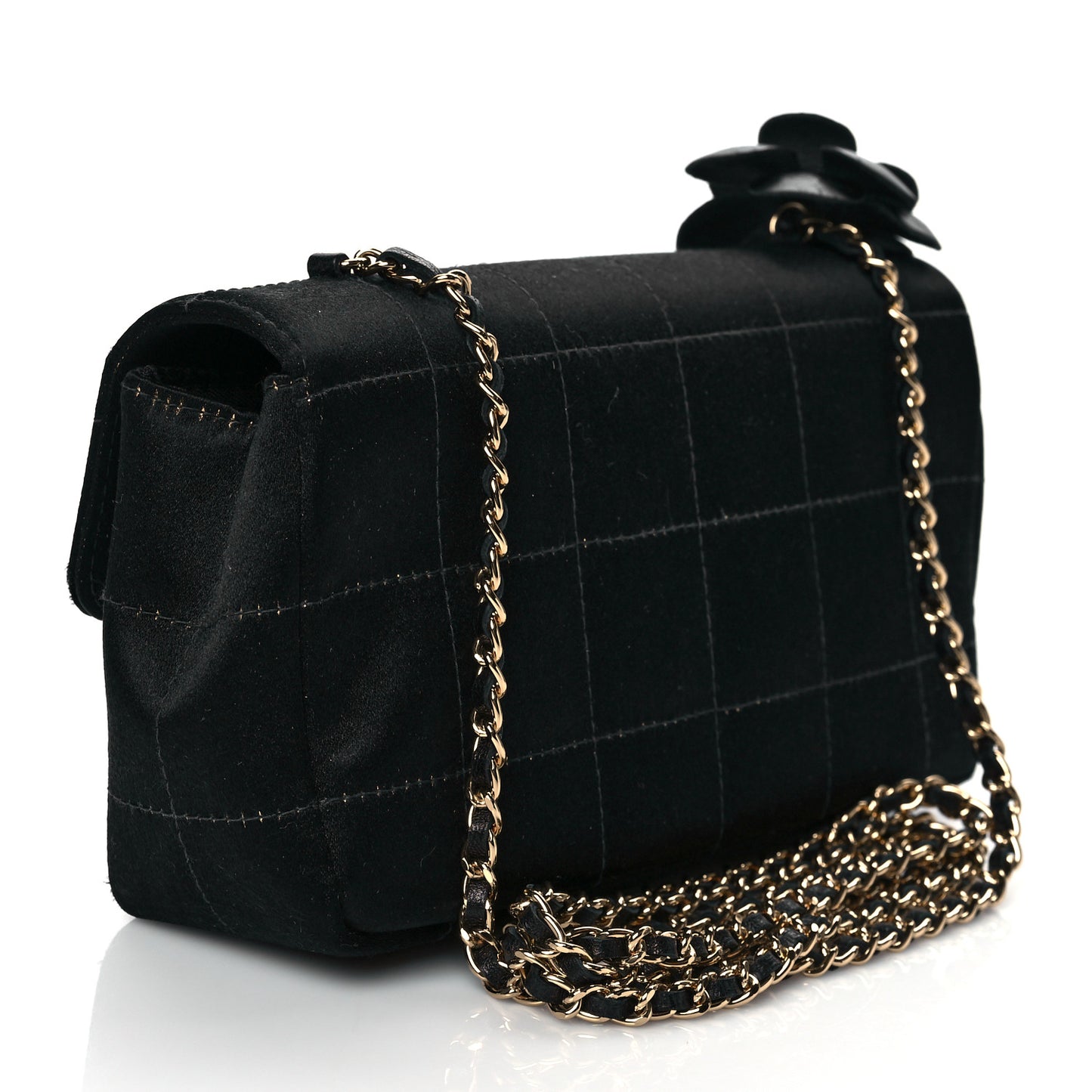 Satin Chocolate Bar Quilted Camellia Rectangular Mini Flap Black