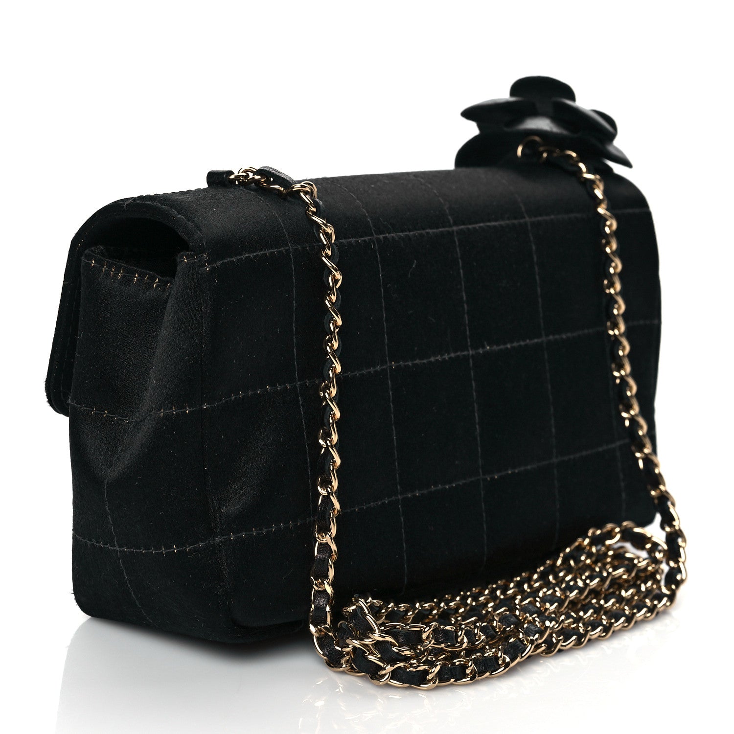 Chanel Satin Chocolate Bar Quilted Camellia Rectangular Mini Flap Black 3 of 10