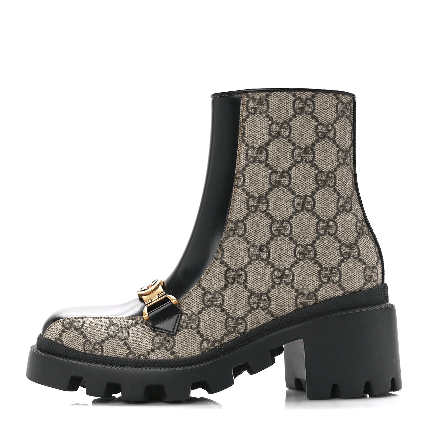 GG Supreme Monogram Magnum Calfskin Interlocking G Womens Lug Sole Ankle Boots 35.5 Beige Ebony Black