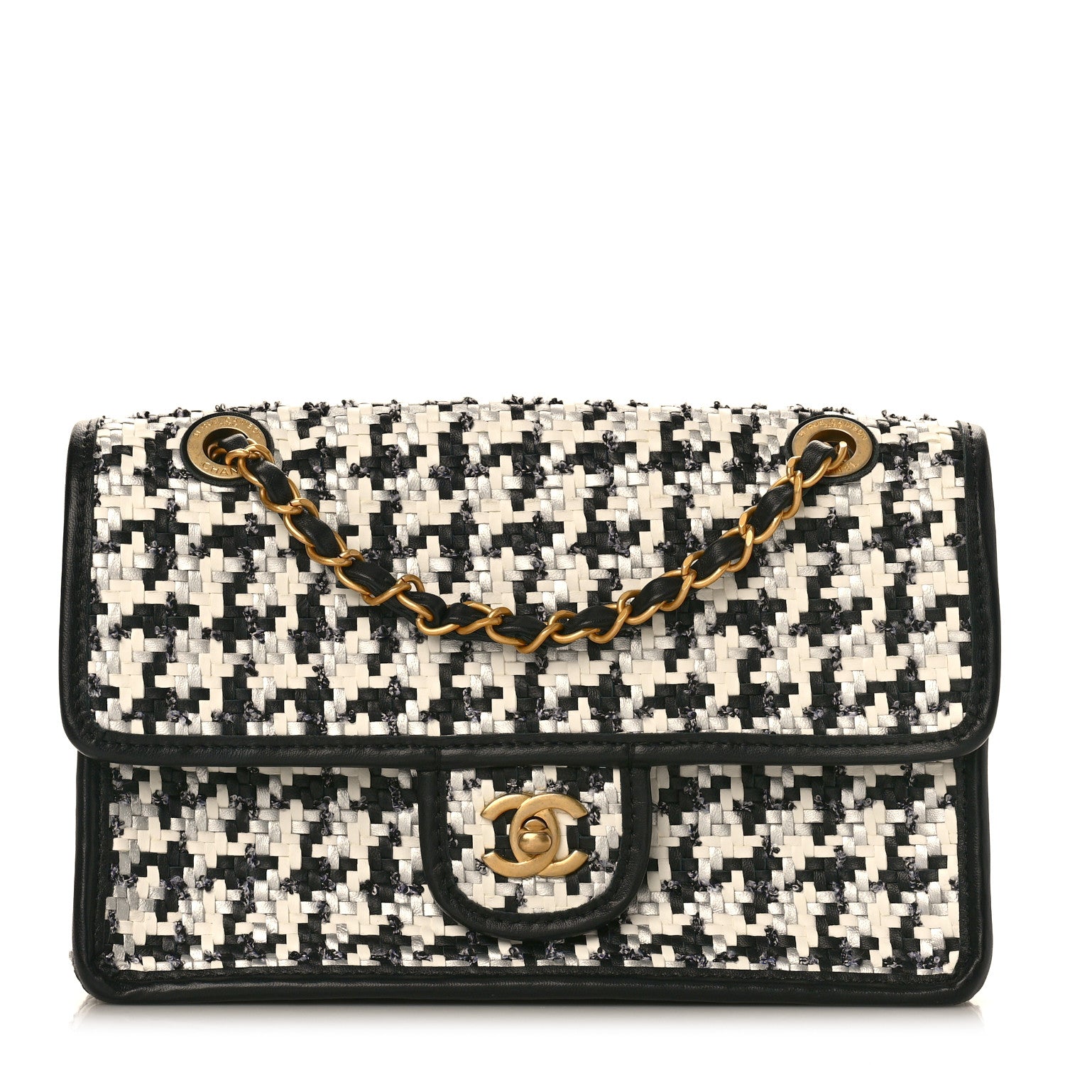 Chanel Metallic Lambskin Viscose Woven Flap Silver Black 1 of 9