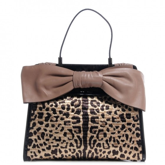 Valentino Garavani Patent Raffia Leopard Print Medium Aphrodite Bow Satchel Black 1 of 8